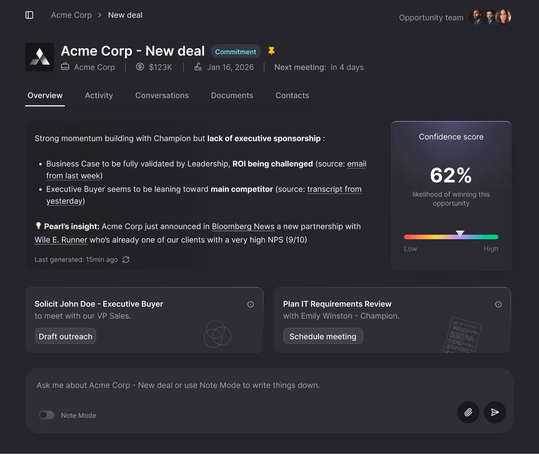 Dashboard interface Pearl